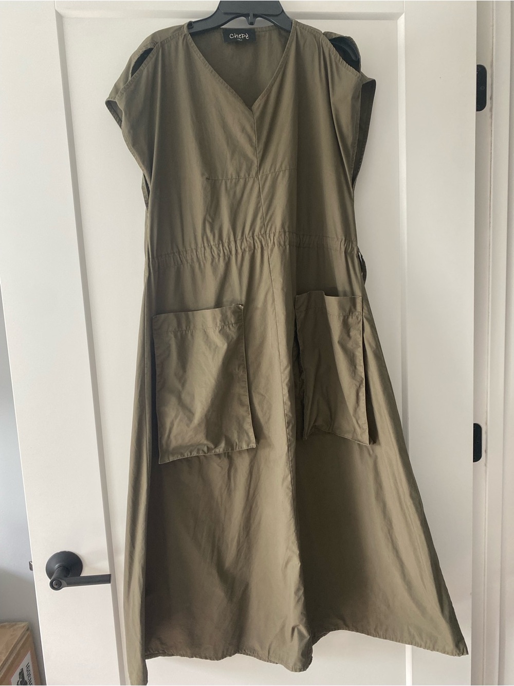 Cuyana Olive Utility V-Neck Midi Dress